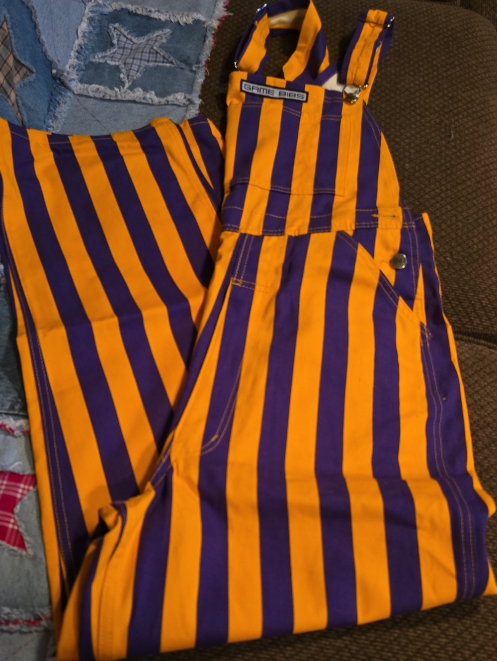 Unisex Purple & Gold Striped Game Bibs Overalls